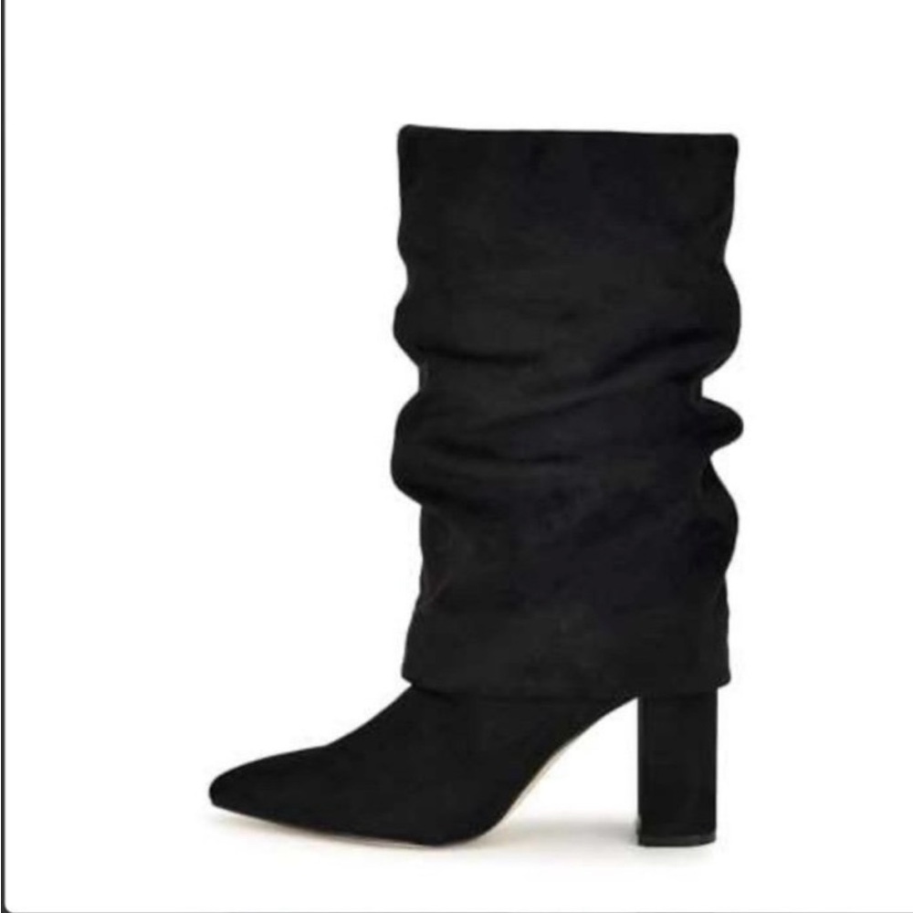 Women's Black Slouchy Mid-Calf Block Heel Boots